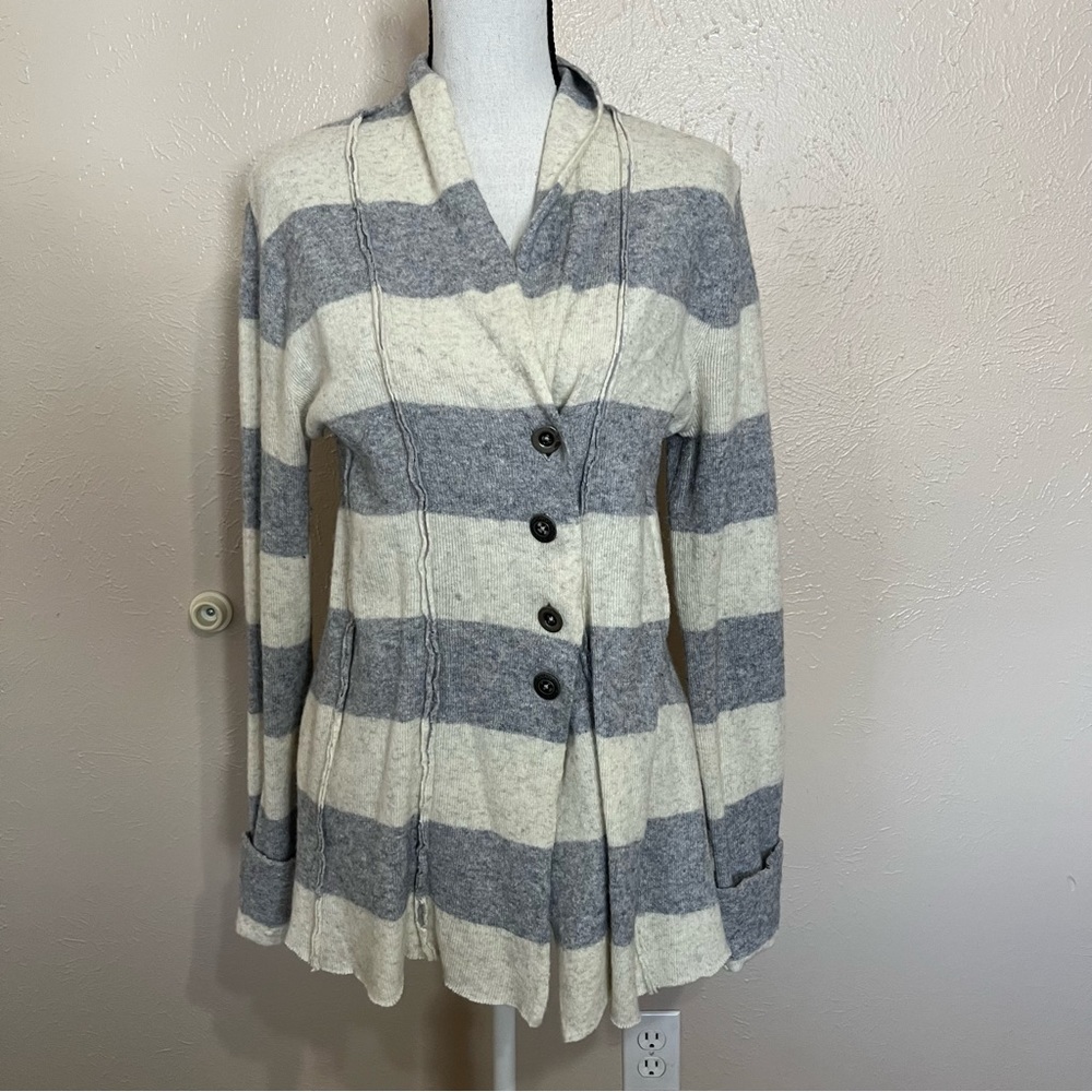 Free People Wool Striped Button-Front Womens Cardigan Jacket Blue White